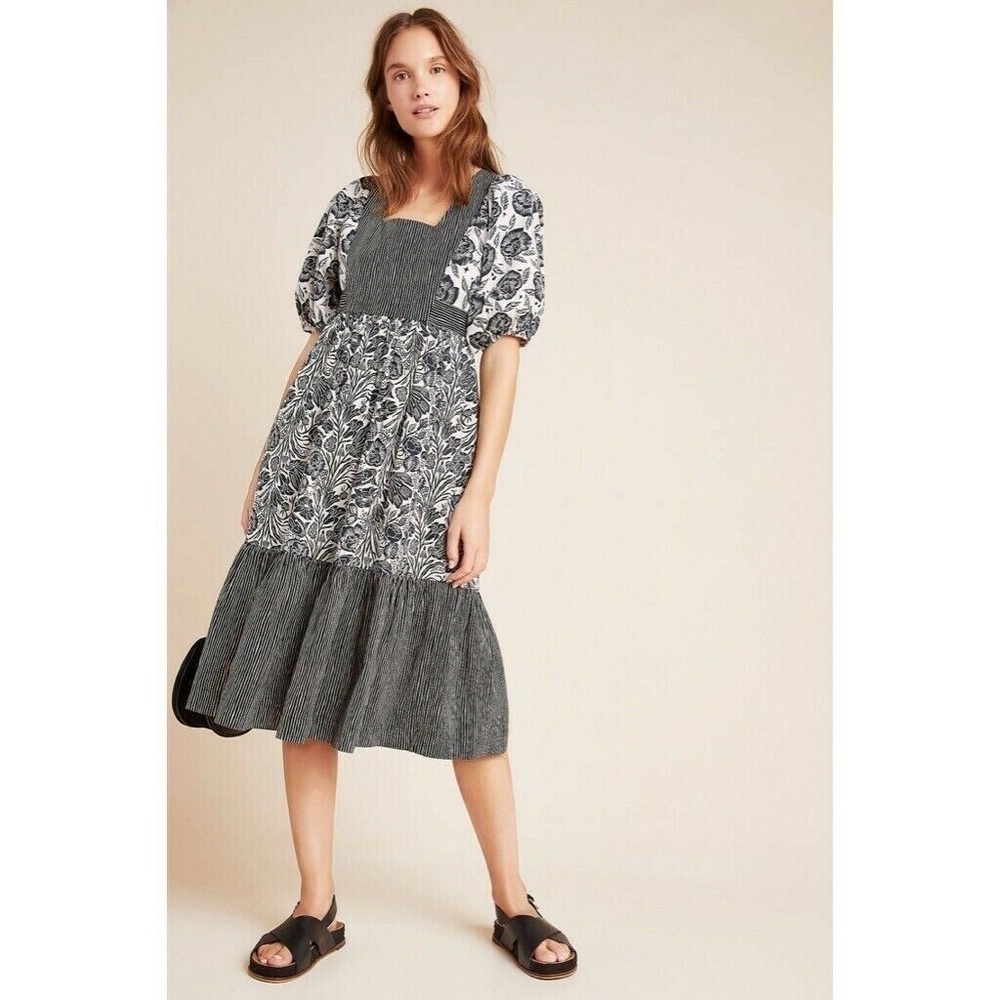 Anthropologie Blooming Print Adrienne Midi Dress Black Floral Puff Sleeve Size 8